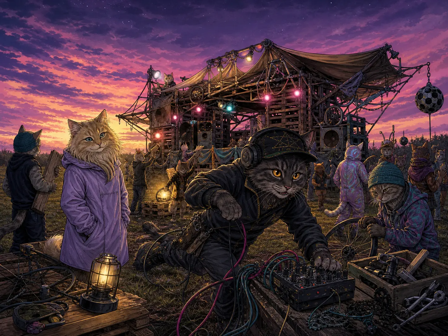 PNK the charcoal tabby cat works among cables at a handmade mothership stage while the blond fluffer and the Velofluffer cats prepare at sunset