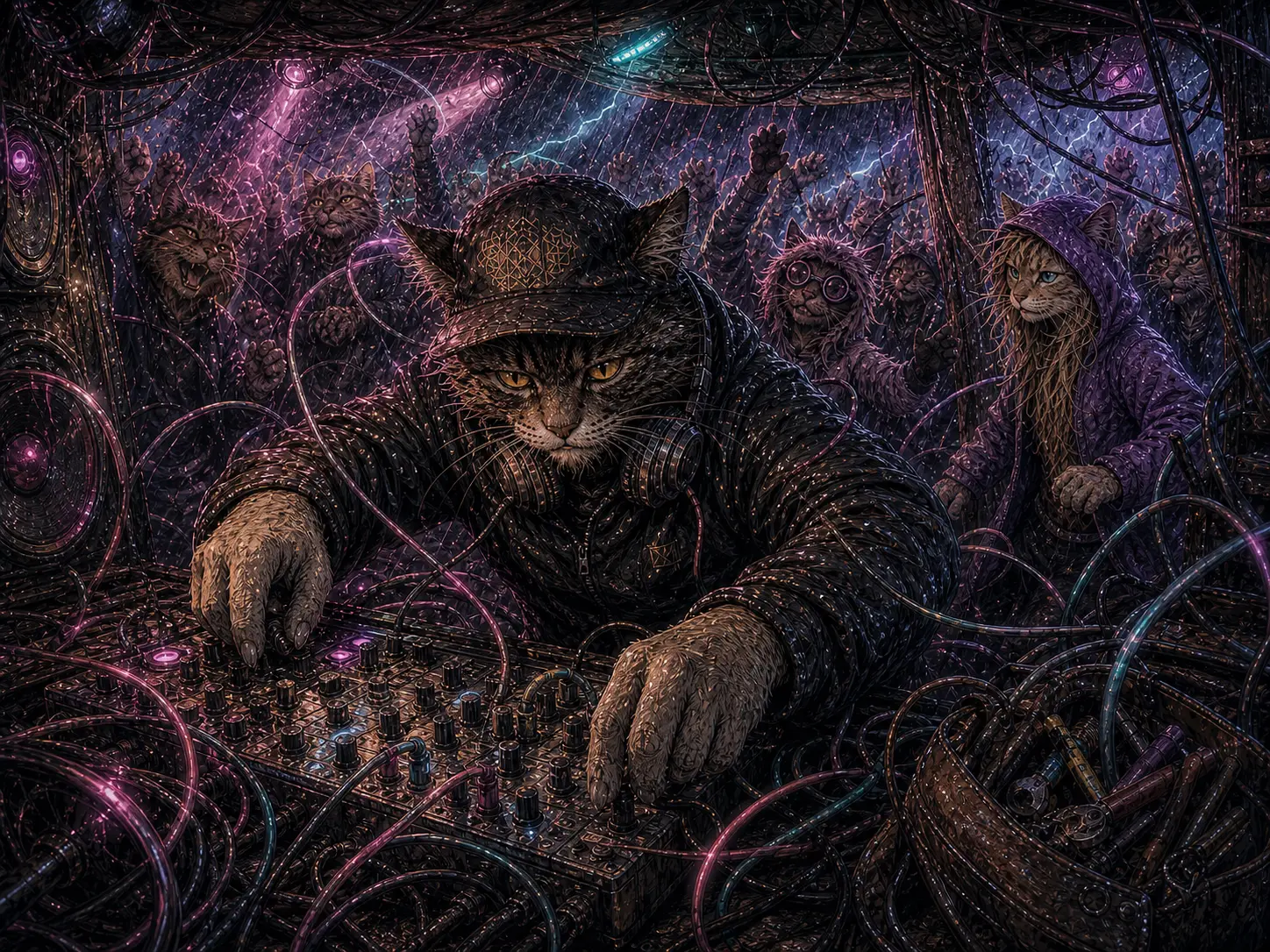 PNK the charcoal tabby cat turns the storm, cables and pressure into rhythm at the mixer